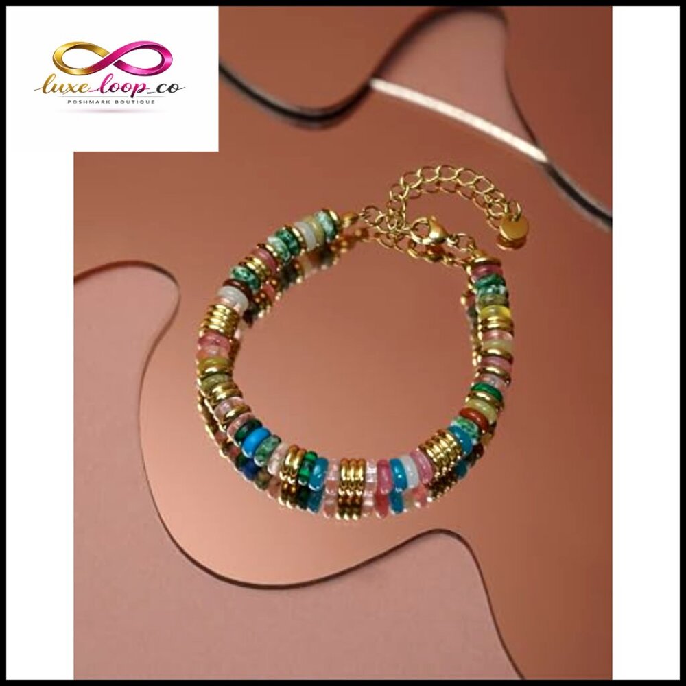 Stackable Bangle Bracelets Gold Plated Beaded Sto… - image 4